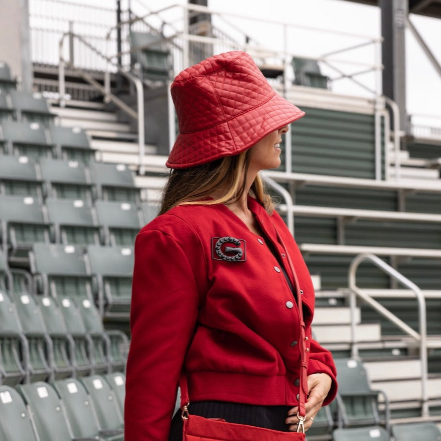 Red Leather Bucket Hat Quilted