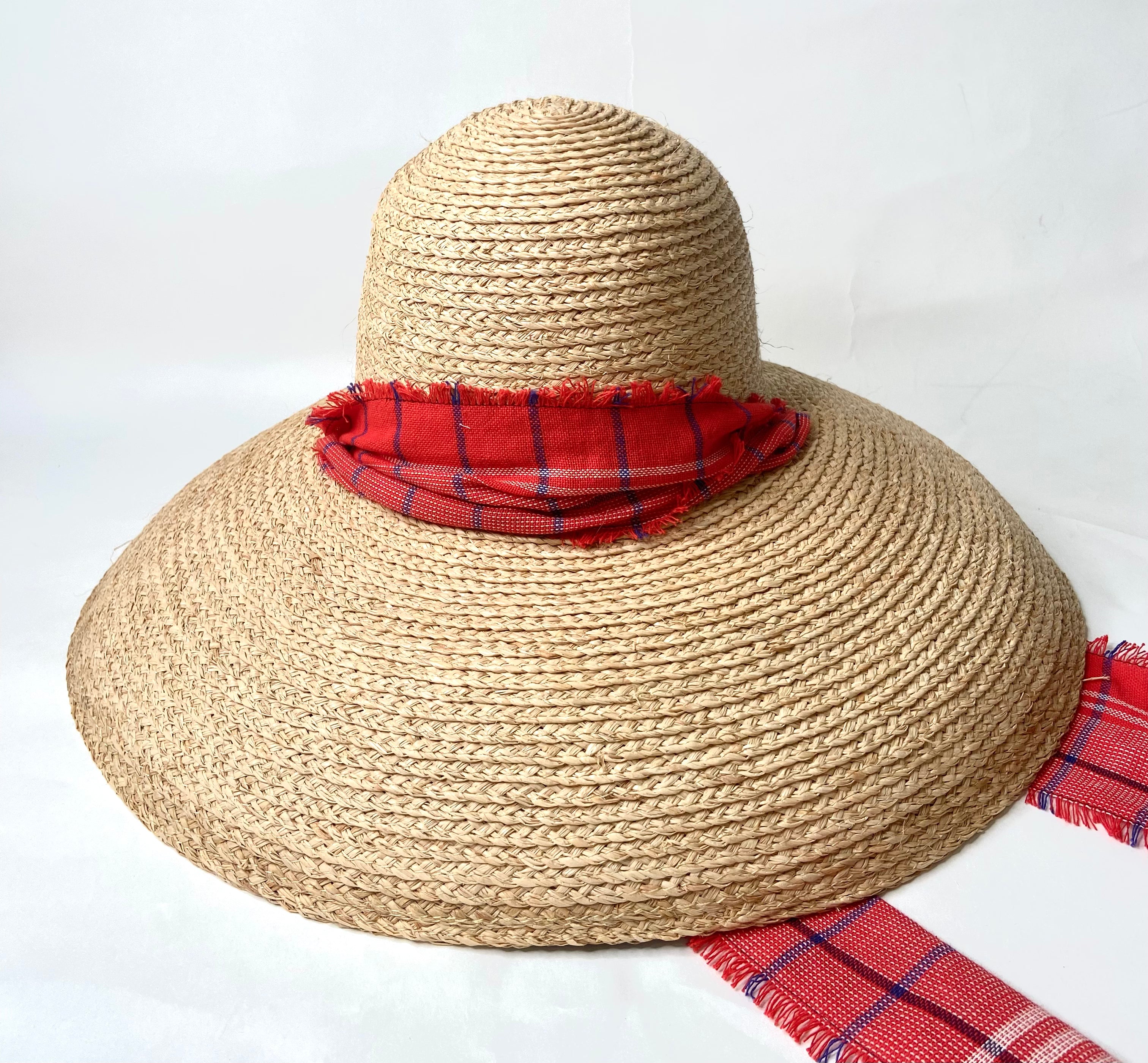 Wide Brim Straw Hat with Scarf Chin Strap